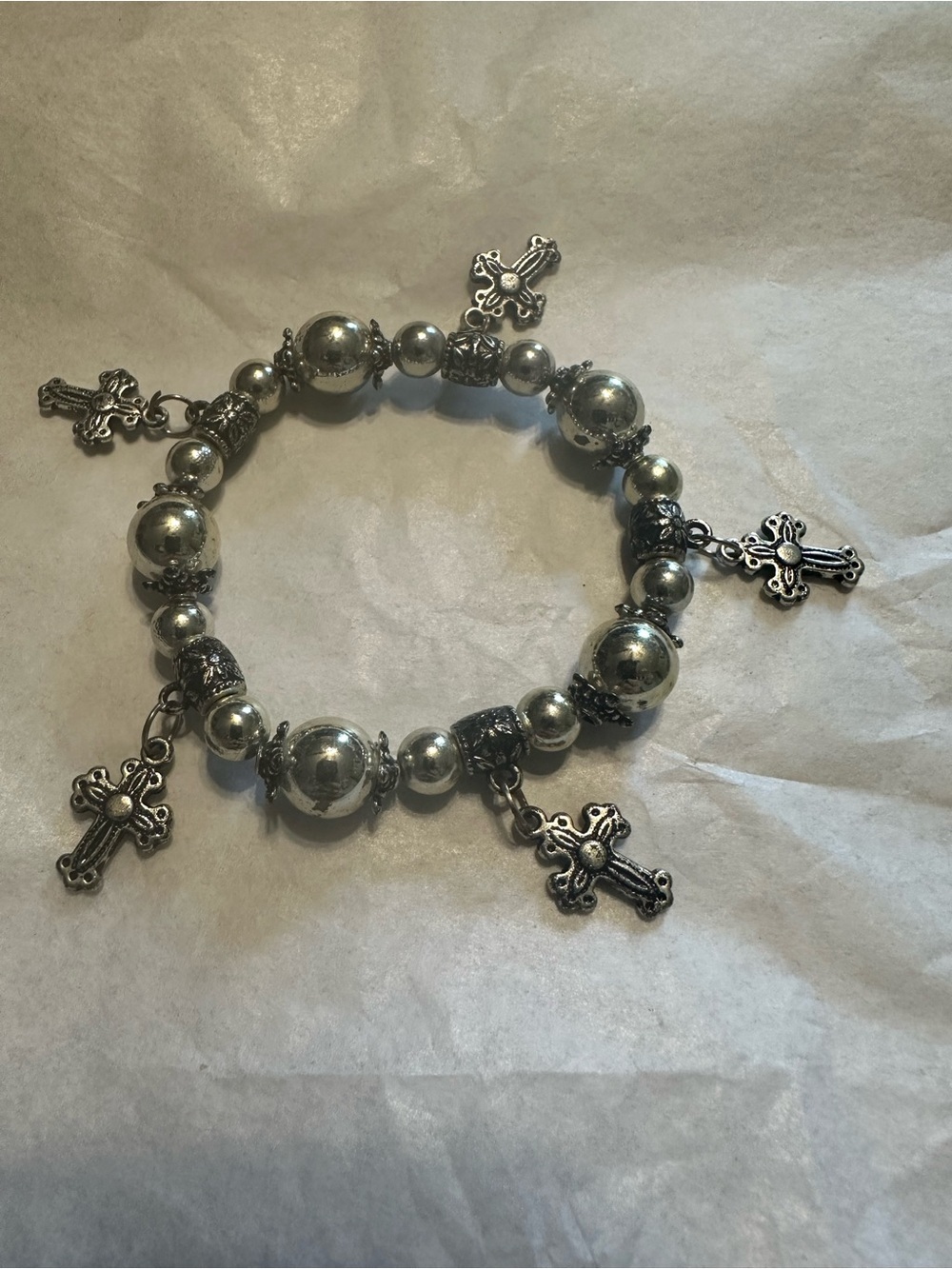 Silver-Tone Cross Charm Beaded Stretch Bracelet | Faith Jewelry | Boho